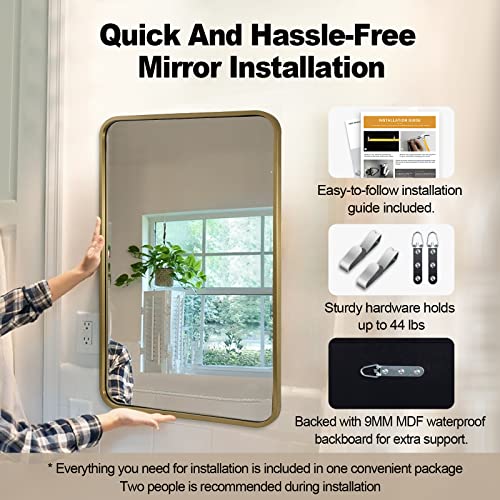 Image of ANDY STAR Gold Mirror Bathroom, 20x28'' Rounded Rectangle Mirror, Brushed Brass Bathroom Vanity Mirror in SUS304 Metal Tube Frame(Rustproof) 1'' Deep Wall-Mounted Mirrors Vertically /Horizontally