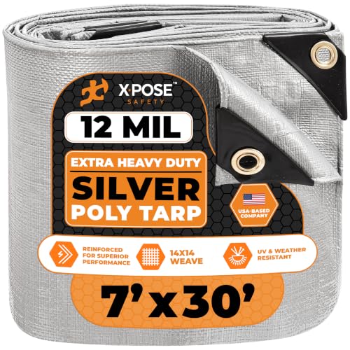 Heavy Duty Silver Poly Tarp 7' X 30' - Multipurpose Protective Cover - Durable, Waterproof, Weather Proof, Rip and Tear Resistant - Extra Thick 12 Mil Polyethylene - by Xpose Safety