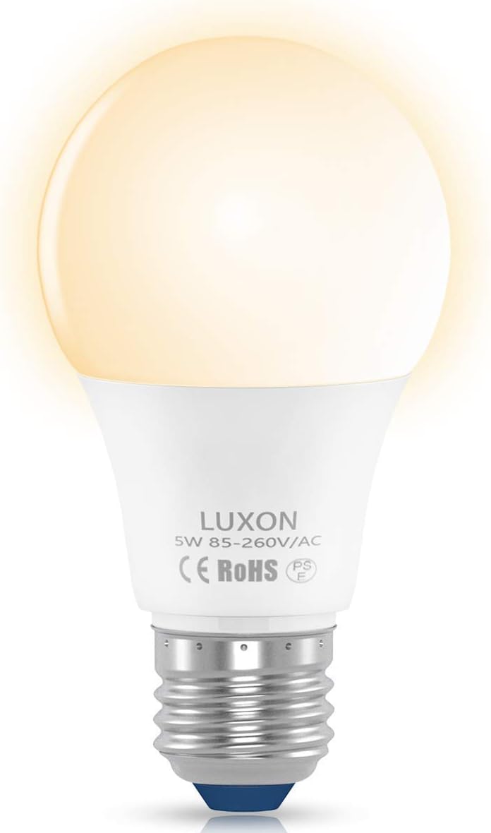 Dusk to Dawn Light Bulb 5-Watt Sensor Lights Bulb Auto on/off A19 E26 Base Indoor Outdoor LED Light Bulbs 450 Lumens 2700K Warm White Night Lights By LUXON