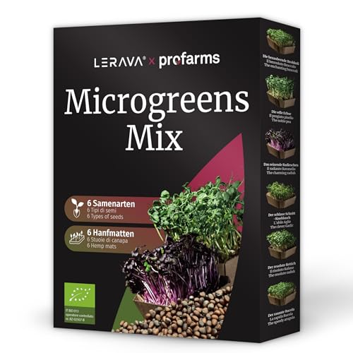 LERAVA® x Profarms - Kit Microgreens [BIO] - Cultiva en Casa Brotes Tiernos de Rábanos, Ajo, Brócoli, Rúcula, Rábano Picante, Guisantes - Incluye Semillas para Germinar y 6 Pads de Cáñamo