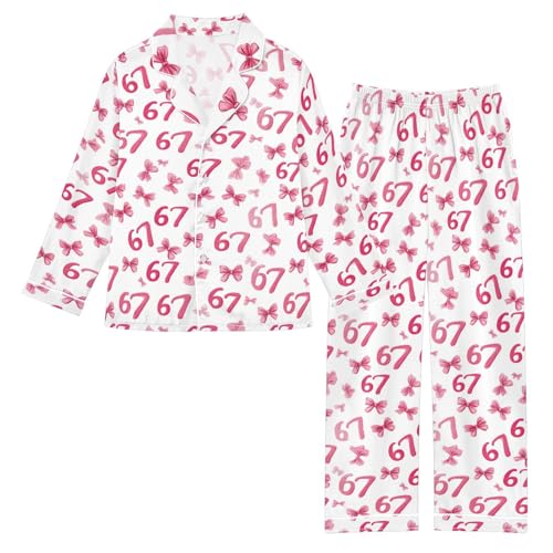XDKDZIS Pink Bows Numbers 67 2 Piece Pajama Set PJs Long Sleeve Sets Sleepwear Jammies 5-14 Years