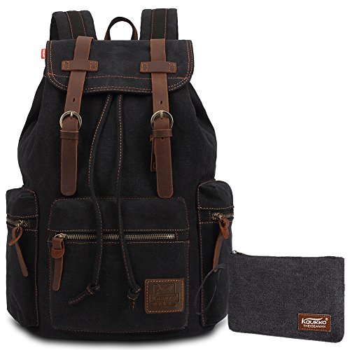 KAUKKO Vintage Rucksäcke, Canvas Laptop Rucksack Damen Herren Schulrucksack Daypack Stylisch Backpack für Outdoor Wanderreise Camping mit Großer Kapazität (Schwarz T02)