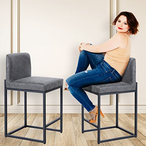 Alpha Home 24” Set Of 2 Bar Stools Counter Height Bar Stool Pu Leather Kitchen Modern Bar Stools With Backrest Upholstered Footrest Sturdy Chromed Metal Steel Frame,Grey. #TOP2