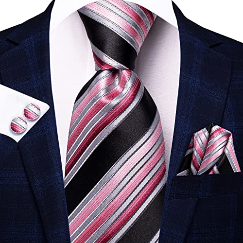 Image of Hi-Tie Men Ties Sets Silk Stripe Paisley Necktie Pocket Square Cufflinks for Business Wedding
