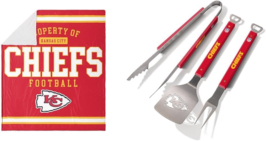 FOCO Kansas City Chiefs NFL Team Property of Sherpa Fleece Blanket & YouTheFan NFL Kansas City Chiefs Spirit Series 3-Piece BBQ Set, Stainless Steel, 22" x 9"