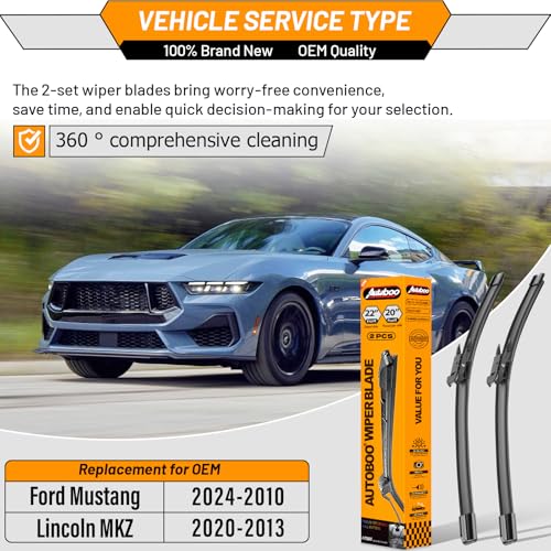 Image of AUTOBOO Windshield Wiper Blade Replacement for Ford Mustang Lincoln MKZ | Fits Mustang 2010-2024 MKZ 2013-2020, 22 inch+20 inch, 2-pack, OEM quality, all-season performance, easy install