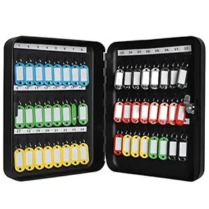 Jssmst Medium Key Storage Lock Box with Code, Locking Key Cabinet Wall Mount with Combination Lock, 48 Key Hooks & Tags Key Labels, Black Matt