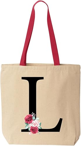 shop4ever Rosas Floral Letra Inicial Rojo Mango Algodón Lona Tote Bolsa De Compras Personalizada Monograma Regalos
