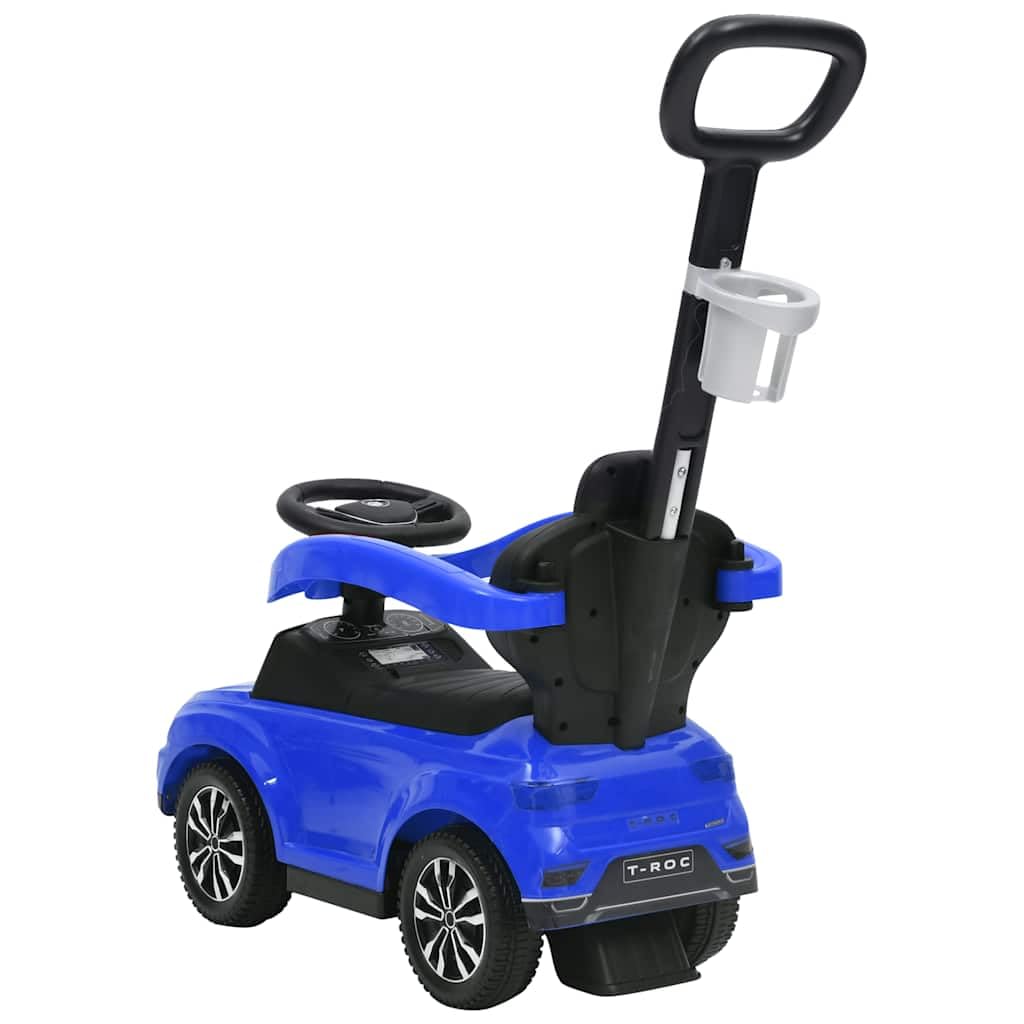 Mangloder - Coche antideslizante Volkswagen T-ROC azul para niños pequeños, andador, vehículo infantil con música, barra protectora extraíble, soporte para bebidas, espacio de almacenamiento, adecuado