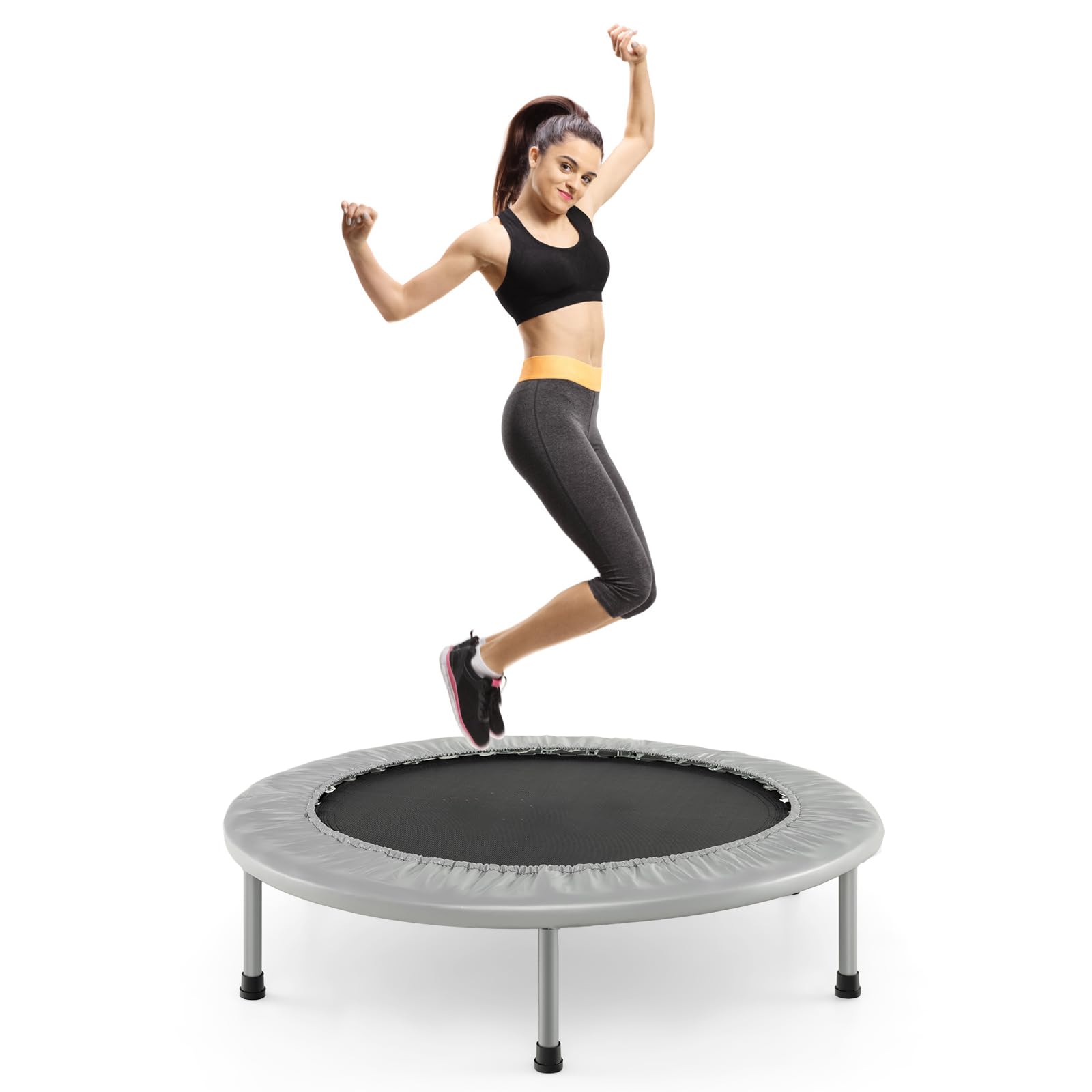 GYMAX 38โ Mini Trampoline, Foldable Fitness Exercise Rebounder, Indoor Outdoor Gym Trampolines for Kids Adults, 150KG Capacity (Silvery Grey)