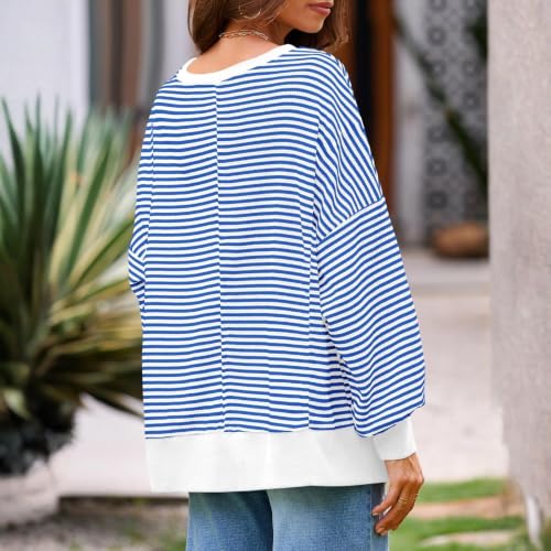 Oversized Striped Shirt Women Waffle Knit Crewneck Long Sleeve Sweatshirt - image 7