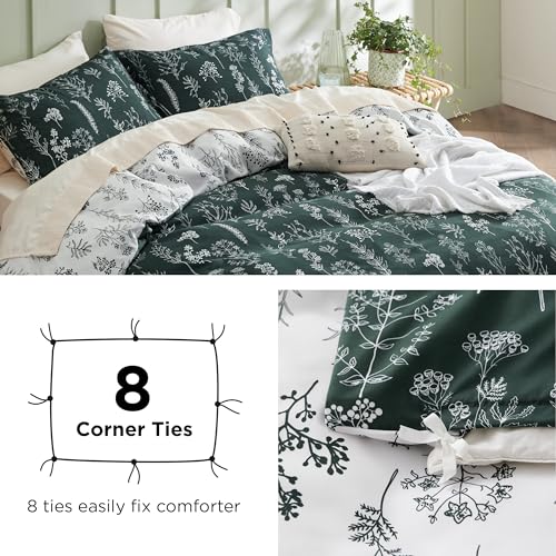 Image of Bedsure Duvet Cover Queen Size - Reversible Emerald Green Queen Duvet Cover Set with Zipper Closure, 3 Pieces Floral Patterned Bedding Set with 8 Corner Ties and 2 Pillow Shams