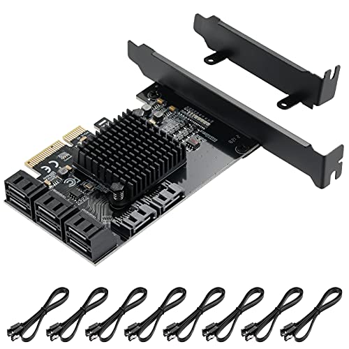 YUNKOZAND PCIe SATA Card 8 Ports with 8 SATA Cables, 6 Gbps SATA 3.0 Controller PCI Express Card with Low Profile Bracket Supports 8 SATA 3.0 6Gbps Devices,ASM1166+JMB575 chip