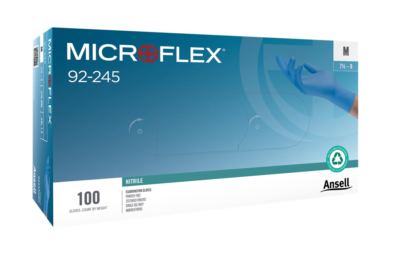 Ansell Microflex 92-245 Blue Nitrile, Powder Free, Disposable Examination Glove With An Exceptional Grip And Tested For Viral Penetration (Small, 100 Pieces).