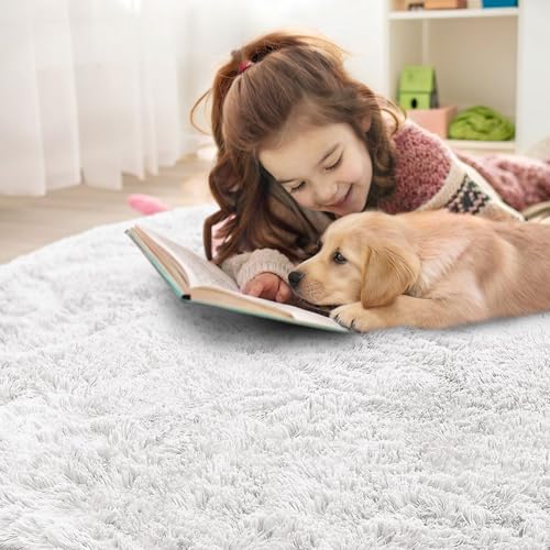 OLANLY White Round Rugs for Bedroom - Machine Washable, 3 ft Circle Area Rugs for Living Room, Soft and Fluffy Shaggy Carpet for Teen Girls and Boys, Nursery Rooms, Dorms, Home Decor Aesthetic