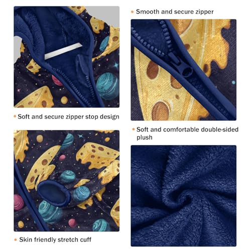 Cheese Slices and Planets Pattern Toddler Fleece Jacket Girl Boys Hooded Fleece Jacket Coat Warm Outwear Zip-up 3-10T3
