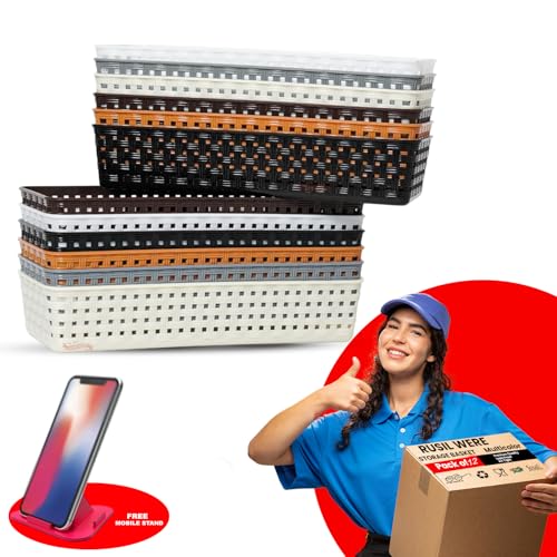 Image of Multipurpose Desk Organizer Basket | 2 Free Mobile Pyramid Stand | Compact and Stackable | For Kitchen, Bathroom, Office, Makeup| Multicolour | 23 x 8 x 5 cm | Plastic | Pack of 12