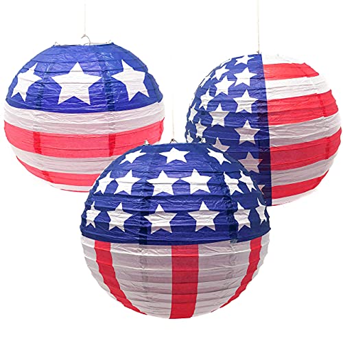 Podzly 12 Patriotic Hanging Paper Lanterns â€“ 12 Inch Red, White and Blue American Flag Lantern 4th of July, Patriotic Party Decoration