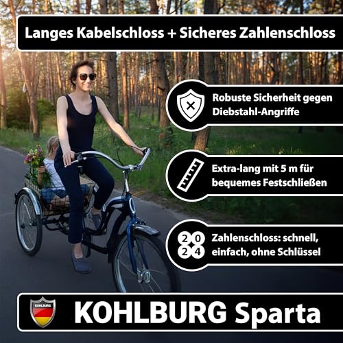Foto von KOHLBURG Kabelschloss 5 Meter lang mit Zahlenkombination - 500cm Zahlenschloss - Stahlseil Schloss 5 m ummantelt - Stahlkabel 500 cm mit Zahlencode für Fahrrad Gartenmöbel & Fahrradschloss