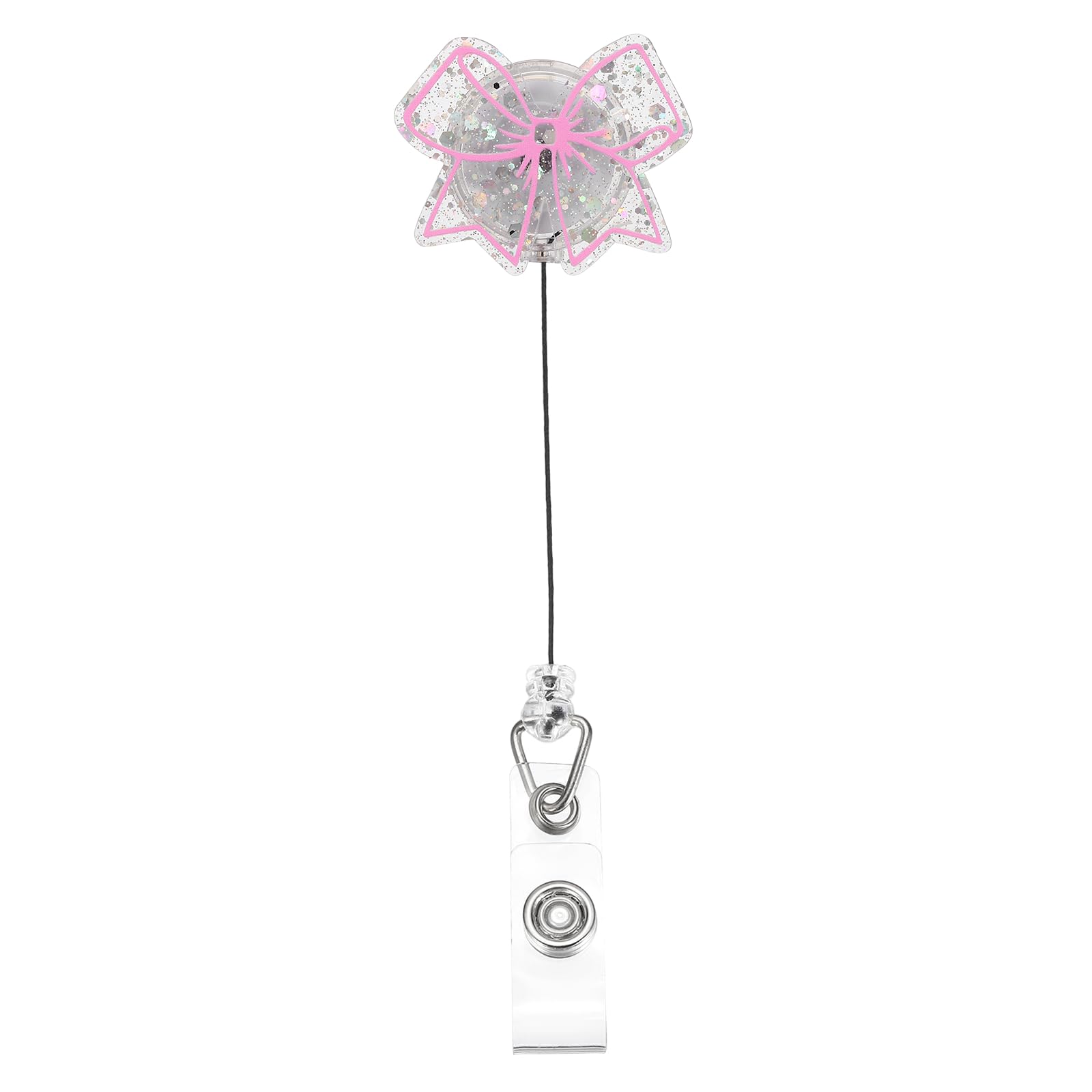 PATIKIL Bow Badge Reel, Acrylic Bow Badge Holder 1.93"x1.54" ID Name Holder Reels Accessories with Retractable Cord & Alligator Clip for Office Worker Teacher, Silver Pink