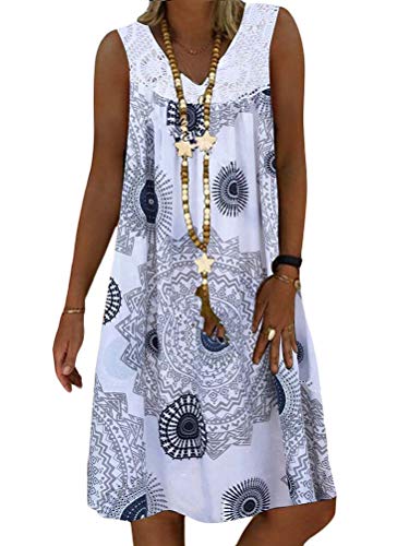 Minetom Sommerkleid Damen V-Ausschnitt Strandkleider Einfarbig A-Linie Kleid Boho Knielang Kleid Ärmellos T-Shirt Kleid A Weiß XXL