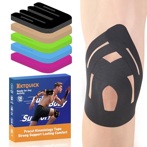 PreCut Kinesiology Tape for Knees, 12PCS Upgraded Waterproof KTQUICK Knee Tape for Knee Pain Relief Pre Cut, Original Cotton Athletic Knee Tape, Waterproof&Hypoallergenic Latex-Free for Sports (Black)