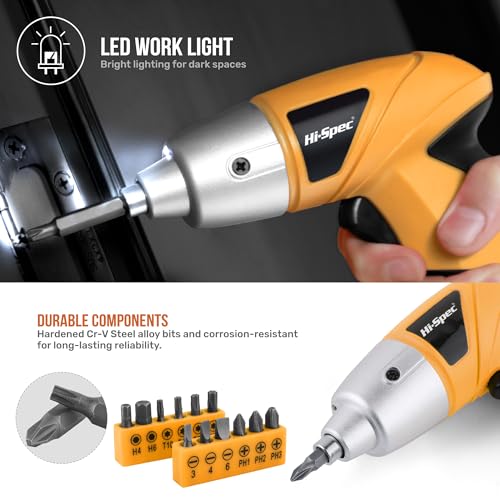 Image of Hi-Spec Cordless Electric Screwdriver, Power Screw Driver Set with Pink Compact Tool Kit for Small Repair and Maintenance- Ideal Housewarming Gift,19 Piece (Yellow)