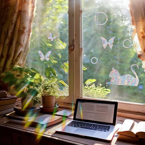 Image of Cat-Butterfly-Ring Prism Window Collision Clings for Bird Strikes, 40Pieces | Static Glass Reminder Sticker Decals, Window Anti-Collision, Rainbow Maker, Save Birds from Hitting Windows, Non Adhesive