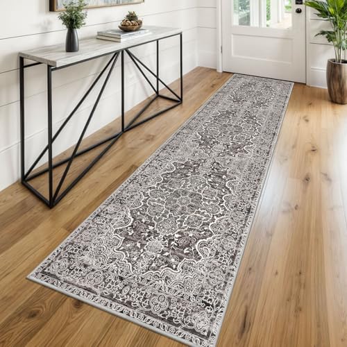 KUTA Hallways Runner Rug 2x8 Tan Grey, Vintage Floral Kitchen Rugs Non-Slip Washable Ultra Soft Printed Retro Distressed Flower Carpet Entryway Runners for Bedroom Laundry Nursery