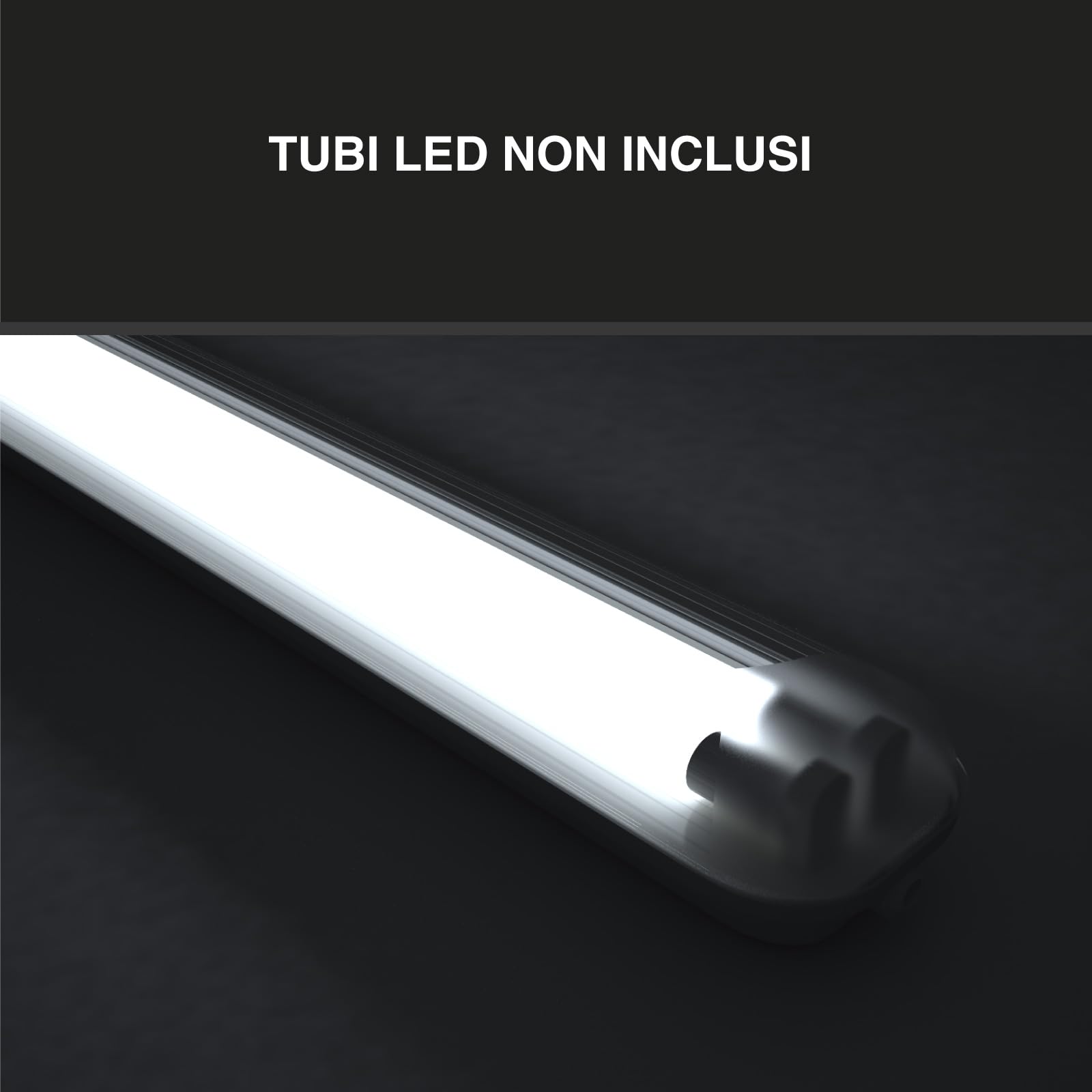 Eurocali Plafoniera 60 cm per 2 Tubi LED (Non Inclusi) Impermeabile IP65 in ABS/PS con Copertura Trasparente e Colore Grigio - Sostituzione Neon - Pacco da 2