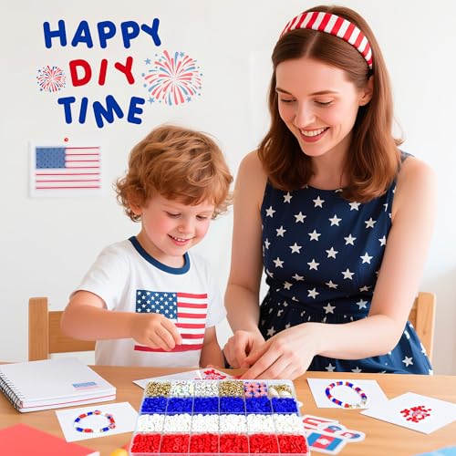 Image of Redtwo 4th of July Red White and Blue Clay Beads Bracelet Making Kit with USA Letter Beads, Patriotic Beads for Jewelry Making for Independence Veterans Day Party Favors, DIY Gifts with America Flag.