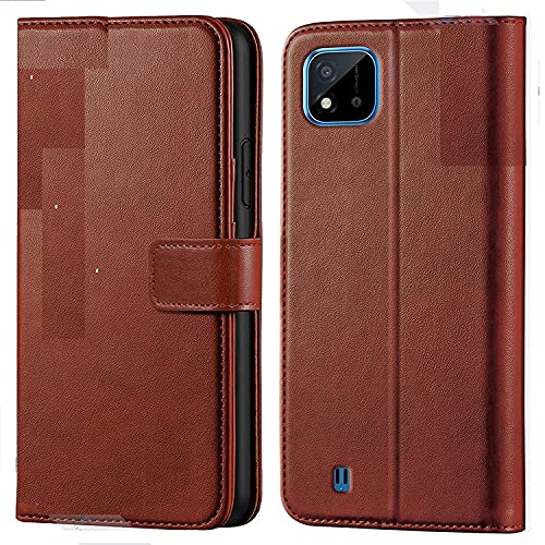 Image of SHOQU Premium Leather Vintage Flip Case Back Cover for Realme C20 / C11 (2021) [Inside Pockets] [Inbuilt Stand] [Magnetic Closure] - (Brown)