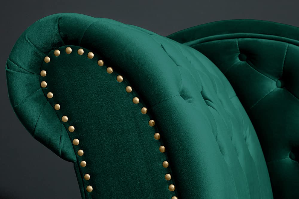 Recamiere CHESTERFIELD - 170cm - smaragdgrün - Samt Knopfheftung Design | Armlehne, Rundumbezug, Nietenbesatz, Nosagfederung, Wellenfederung, hoher Komfort, angenehme Haptik, Eyecatcher