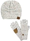 C.C Unisex Soft Stretch Cable Knit Beanie and Anti-Slip Touchscreen Gloves 2 Pc Set, Confetti Ivory