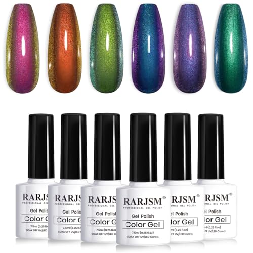 RARJSM Chameleon Gel Nail Polish Multichrome Gradient Color Changing Dark Blue Purple Orange Green 6pcs Set 7.5ml Shimmer Glitter Gel Polish Curing Requires Soak Off Sparkle Chrome Nail Gel Varnish