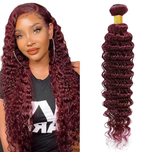 20 Inch Single Human Hair Bundles Burgundy 99J Deep Wave Bundles Human Hair 12A Unprocessed Quick Wave for Black Women Soft Sewn In with Double Weft