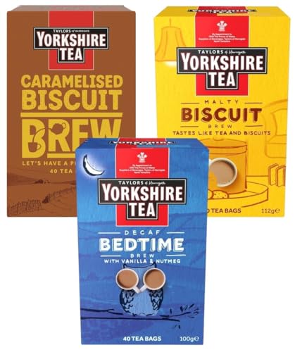 Yorkshire Tea Variety Pack x40 Tea Bags - Malty Biscuit Decaf Bedtime Caramelised Biscuit Brews (Pack of 3 Total 120 Tea Bags)