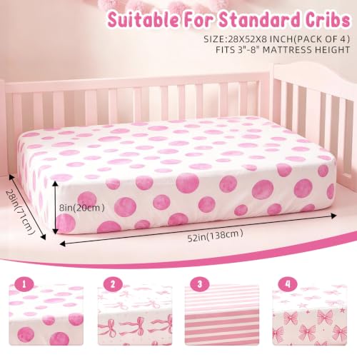 Image of 4 Pack Pink Bow Crib Sheets Girls - Fits Standard 52 inchx28 inchx8 inch Crib & Toddler Mattress, Soft Breathable Polyester Baby Nursery Bedding, Coquette Bow Polka Dot Stripe Printed Fitted Sheets for Girls