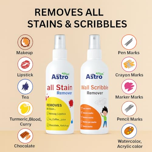 Image of Astro Plus+ 100ml Cloth Stain Remover and 100ml Wall Scribble Remover Spray | Multi-Surface Use Suitable for All Fabrics | Toxin-free Easy to Carry | Eco-friendl Clean All Color | Easy Spray & Wipe