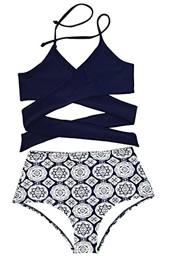 Cupshe Fashion Women's Front Cross High-waisted Halter Bikini Set, Multicolor, Medium