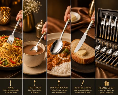 Image of FnS 24 Pieces Stainless Steel Cutlery Set with Leatherette Box | 6 Pieces Each Dinner Spoons, Dinner Forks, Tea Spoons & Dinner Knives | Flatware Set for Home, Kitchen, Dining & Gifting (August)