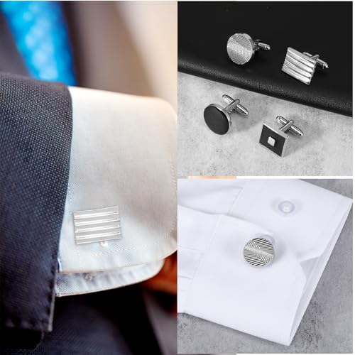 QFGasre 8 Pcs Men\'s Classic Cufflinks Cuff Links for Men Silver Black Striped Disc Square Rectangle Cuff Links Shirt Suit Men’s Jewelry or Accessories for Wedding Groom Business Elegant Gift - Thumbnail 7