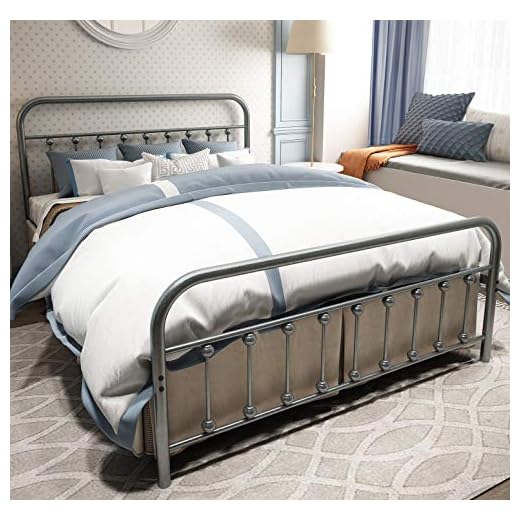 Metal Bed Frame Queen Size with Headboard and Footboard Single Platform Mattress Base,Metal Tube and Iron-Art Bed（Queen,Gray Silver）