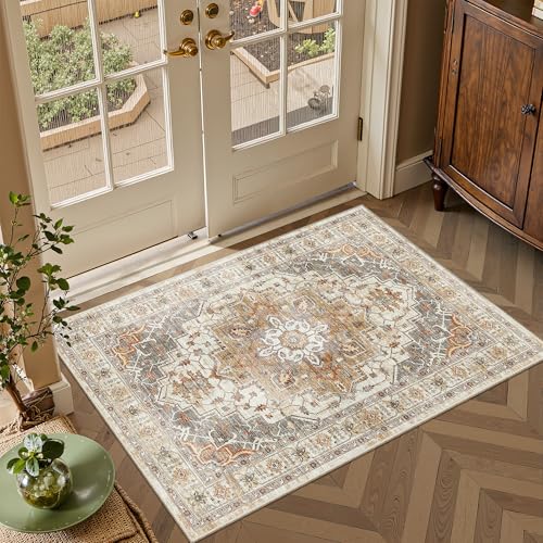 Madane Washable Entry Rug 3x4, Area Rugs for Entryway Kitchen Bathroom Door Mat Indoor Entrance, Vintage Floral Print Office Runner with Non Slip Rubber Backing, Turmeric/Grey