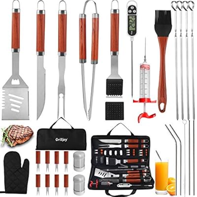 grilljoy 30PCS BBQ Grill Tools Set with Thermometer and Meat Injector. Extra Thick Stainless Steel Spatula, Fork& Tongs - Complete Grilling Accessories in Portable Bag - Perfect Grill Set Gift.