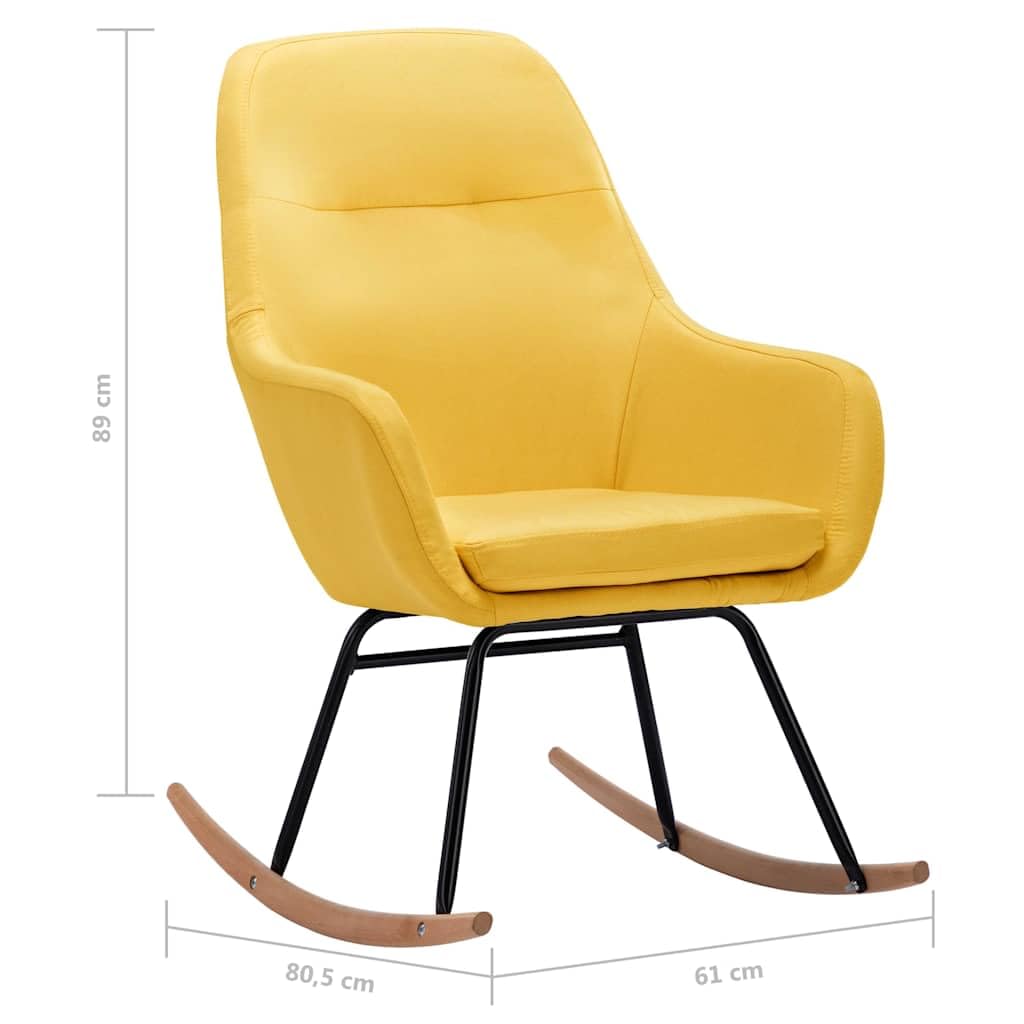 Fotel bujany, musztardowo-żółty, materiał z drewnianymi podłokietnikami i podnóżkiem, do salonu, sypialni, na balkon, ergonomiczny, stabilny, wygodny, fotel relaksacyjny, huśtawka, lounge, do