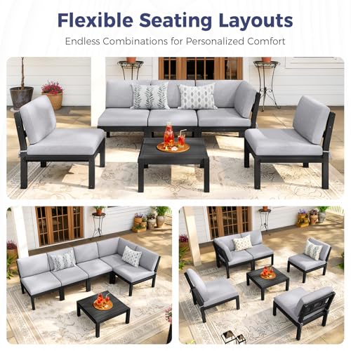Image of Modular Outdoor Patio Conversation Set, 6-Piece L-Shaped Sectional Sofa Set with Coffee Tables & Thick Cushions, Easy Side Interlock, HIPS All-Weather Patio Furniture Set for Backyard, Deck, Poolside
