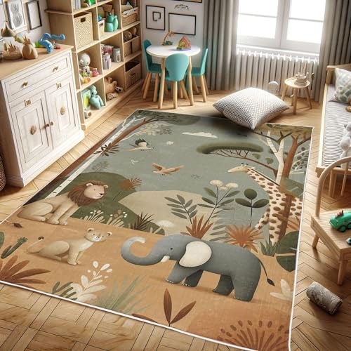 Image of Ambesonne Woodland Decorative Rug, Funny Nature Theme Cartoon Lion Elephant Bird Giraffe Animals Print, Quality Carpet for Bedroom Dorm and Living Room, 2' x 5', Olive Green Redbrown Ecru