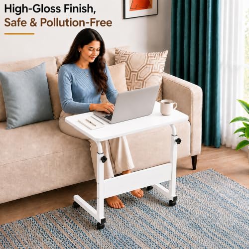 Image of Ant Esports Bravo LT400 Multipurpose Height Adjustable Laptop Table with Wheels, Rolling Computer Desk, Portable Study Table, Home Office Desk, Mobile Workstation, White Top with White Metal Frame