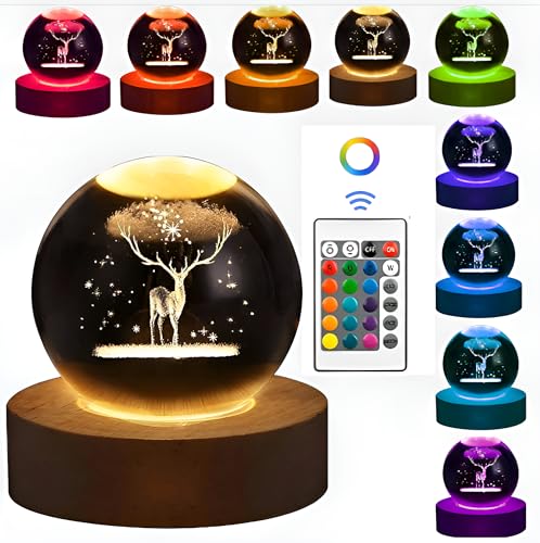 Image of STARKENDY 3D Deer Crystal Ball LED Night Lamp, Creative Engraved Night Light Wooden Base, Warm White Decorative Table Lamp for Home, Office, Bedroom, Birthday Gift ((Multicolour) with Remote)